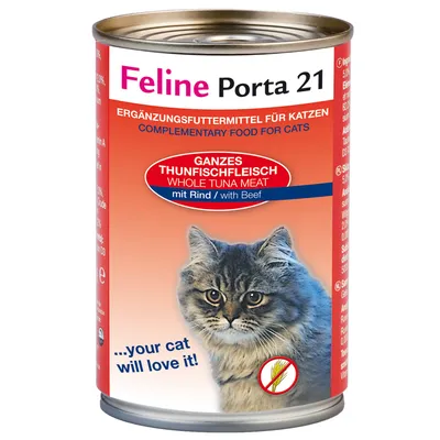 Feline Porta 21 kattemad dåse, tekst: GANZES THUNFISCHFLEISCH WHOLE TUNA MEAT mit Rind / with Beef, ...your cat will love it!, billede af kat og kornfri-symbol