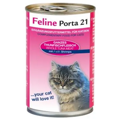 Feline Porta 21, alimento complementare per gatti, carne intera di tonno con gamberetti. Testo visibile: 'your cat will love it!'. Immagine di un gatto sul fronte della lattina.