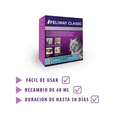 Feliway Classic kit inicial para gatos, difusor e recarga de 48 ml. Texto visível: fácil de usar, recambio de 48 ml, duração de até 30 dias.