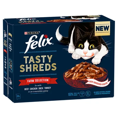 Tasty Shreds Farm Selection with beef, chicken, duck and turkey in gravy. New shredded pieces. No added artificial colours, flavours or preservatives. 12 packs.