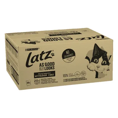 PURINA latz As Good As It Looks Mixed Selection i gelé, 80 x 100 g. Ingen farvestoffer. Indeholder oksekød, kylling, tun, laks. Tekst på engelsk og finsk synlig på emballagen.