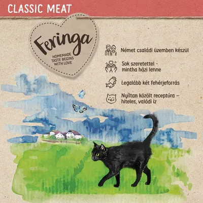 Feringa. Homemade taste begins with love. Német családi üzemben készül, sok szeretettel, legalább két fehérjeforrás, nyíltan közölt receptúra – hiteles, valódi íz.