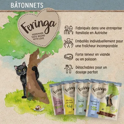 Feringa Bâtonnets pour chats, fabriqués en Autriche, emballés individuellement, forte teneur en viande ou poisson, détachables. Saveurs visibles : dinde, canard, lapin, saumon & truite.
