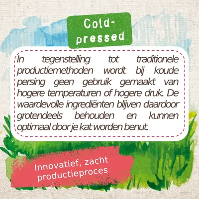 Cold-pressed. In tegenstelling tot traditionele productiemethoden wordt bij koude persing geen gebruik gemaakt van hogere temperaturen of druk. Innovatief, zacht productieproces.