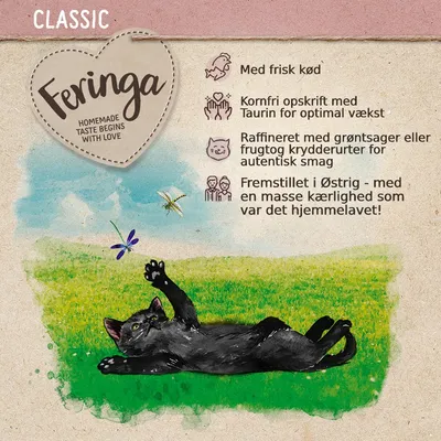 Feringa HOMEMADE TASTE BEGINS WITH LOVE. Med frisk kød, kornfri opskrift med taurin, raffineret med grøntsager eller frugt og krydderurter. Fremstillet i Østrig.
