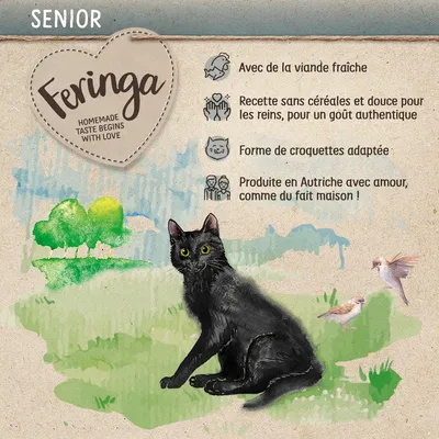 Feringa SENIOR, HOMEMADE TASTE BEGINS WITH LOVE. Avec de la viande fraîche, recette sans céréales douce pour les reins, forme de croquettes adaptée, produite en Autriche avec amour.
