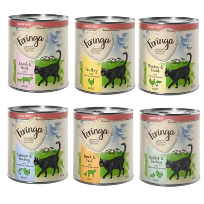 Feringa Classic Meat Nassfutter für Katzen, Sorten: Lamm & Rind, Geflügel, Huhn & Forelle, Lachs & Truthahn, Ente & Kalb, Kaninchen & Truthahn, je 800g.
