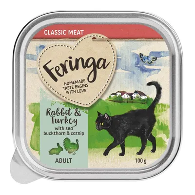 Vaschetta Feringa Classic Meat per gatti adulti, 100 g. Testo visibile: Rabbit & Turkey with sea buckthorn & catnip. Homemade taste begins with love.