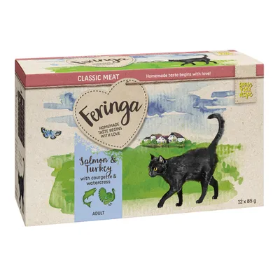 Feringa Classic Meat, Salmon & Turkey with courgette & watercress, Adult, 12 x 85 g. Texte en anglais sur l’emballage : Homemade taste begins with love, grain free recipe.