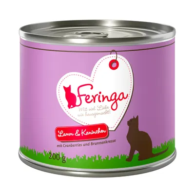 Feringa konzerva za mačke, Lamm & Kaninchen, 200 g. Tekst na njemačkom: Mit viel Liebe wie hausgemacht! mit Cranberries und Brunnenkresse.