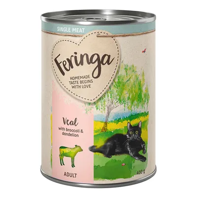 Feringa Single Meat Adult cat food, veal with broccoli and dandelion, 410g can.