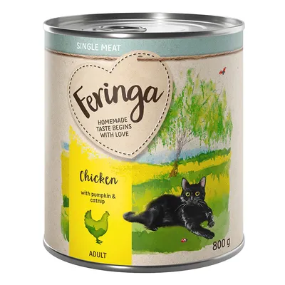 Feringa Single Meat Csirke sütőtökkel és macskamentával, felnőtt, 800 g konzerv. Fekete macska ábrázolása a réten. Feringa Single Meat Csirke sütőtökkel és macskamentával, felnőtt, 800 g konzerv. Fekete macska ábrázolása a réten.