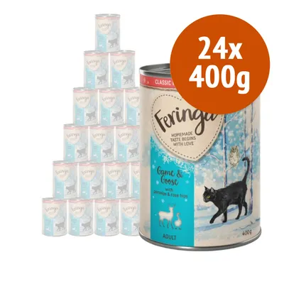 Feringa Game & Goose Adult, confezione 24x400g. Lattina con etichetta raffigurante un gatto nero su sfondo invernale, testo visibile: 'Homemade taste begins with love', 'with parsnips & rose hips'.