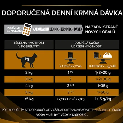 Tabuľka odporúčanej dennej kŕmnej dávky pre dospelé mačky podľa hmotnosti: 2 kg – 1/3 kapsičky, 3 kg – 2, 4 kg – 2 3/4, 5 kg – 3 1/3, nad 5 kg +2/3 kapsičky/kg.