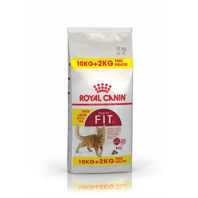Sacco da 12 kg di Royal Canin Regular Fit 32 per gatti, scritta visibile: 10 kg + 2 kg gratis, immagine di un gatto e crocchette sulla confezione.