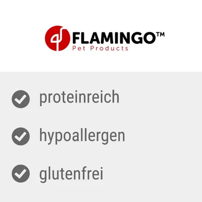 Flamingo Pet Products. Egenskaper: proteinrik, hypoallergen, glutenfri.