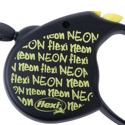 Close-up of a retractable lead handle with repeated yellow text reading 'neon flexi' and 'NEON' on the side.