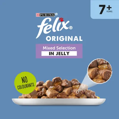 Felix Original Mixed Selection in Jelly for pets aged 7 years and over, no colourants, product pieces shown on plate with close-up view.
