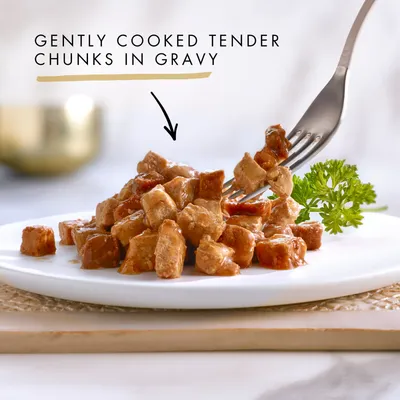 Gently cooked tender chunks in gravy shown on a plate with a fork and parsley garnish.
