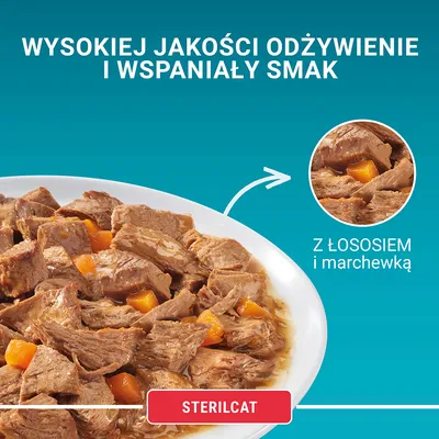Wysokiej jakości odżywienie i wspaniały smak. Z łososiem i marchewką. Sterilcat.