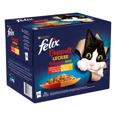 Boîte de 24 sachets Felix Purina Délicieux Duos en gelée, Sélection de la Campagne. Texte visible en allemand et français. Illustration d’un chat noir et blanc.