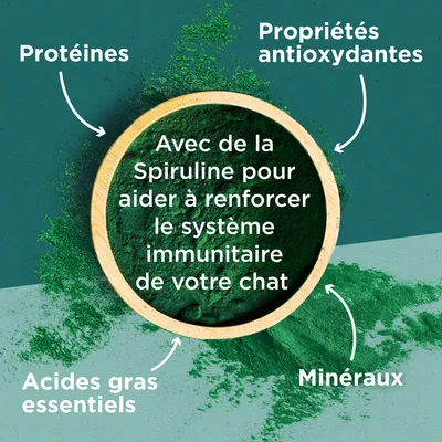 Avec de la Spiruline pour aider à renforcer le système immunitaire de votre chat. Protéines, propriétés antioxydantes, acides gras essentiels, minéraux.