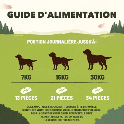 Guide d’alimentation : portion journalière jusqu’à 7 kg – 13 pièces, 15 kg – 21 pièces, 30 kg – 34 pièces. Conseils : eau fraîche disponible, surveillez le chien, respectez le guide.