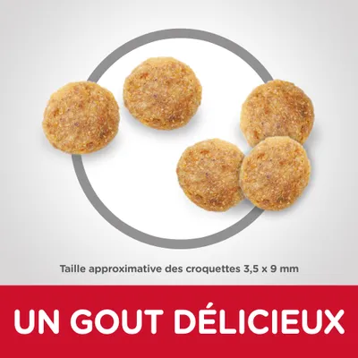 Taille approximative des croquettes 3,5 × 9 mm. Texte : UN GOUT DÉLICIEUX.