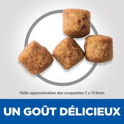 Taille approximative des croquettes 7 x 17,5 mm. Texte : UN GOÛT DÉLICIEUX.