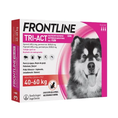 Frontline TRI-ACT roztwór do nakrapiania dla psów 40–60 kg, 3 x 6 ml. Fipronil 405,6 mg, permetryna 3028,8 mg. Nie stosować u kotów. Boehringer Ingelheim.