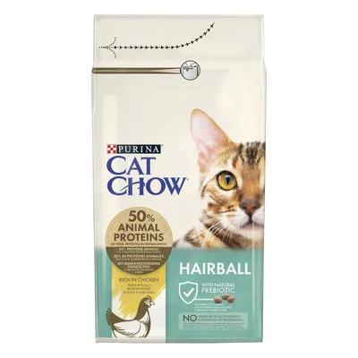 Purina Cat Chow Hairball, 50% proteine animali, ricco in pollo, con prebiotico naturale, senza coloranti, aromi o conservanti artificiali. Immagine di un gatto e una gallina sulla confezione.