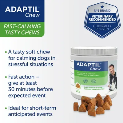 Adaptil Chew fast-calming tasty chews for calming dogs in stressful situations, with fast action if given 30 minutes before events. Ideal for short-term anticipated events. Veterinary recommended.