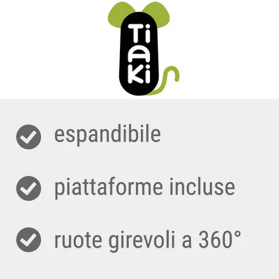Tiaki. Espandibile, piattaforme incluse, ruote girevoli a 360°.