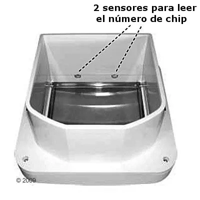 Comedero con 2 sensores visibles para leer el número de chip, indicados por líneas y texto explicativo en la parte superior derecha de la imagen.
