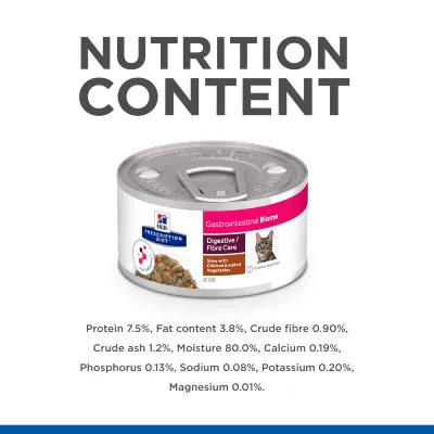 Hill's Prescription Diet Gastrointestinal Biome Digestive/Fibre Care kattemad. Ernæringsindhold: protein 7,5 %, fedt 3,8 %, fibre 0,9 %, aske 1,2 %, fugt 80 %, calcium 0,19 % m.m.