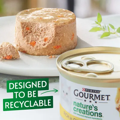 Purina Gourmet nature's creations cat food tin, open with food shown. Visible text: Designed to be recyclable.