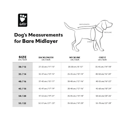 Tabela rozmiarów Bare Midlayer od Hurtta. Rozmiary: długość grzbietu, obwód szyi i klatki piersiowej w cm i calach. Diagram pokazuje punkty pomiaru na psie.