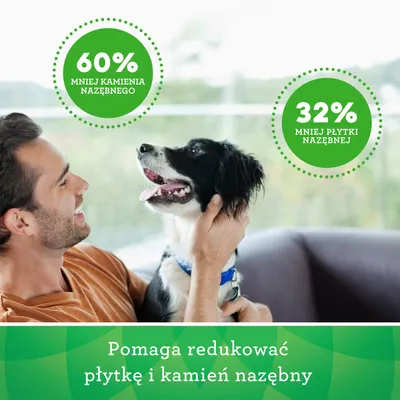 60% mniej kamienia nazębnego, 32% mniej płytki nazębnej. Pomaga redukować płytkę i kamień nazębny.