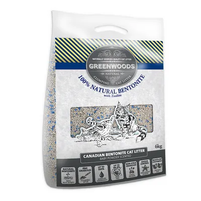 Greenwoods 100% Natural Bentonite with Zeolite -kissanhiekka, 6 kg. Canadian Bentonite Cat Litter, baby powder scented. Näkyvissä myös ominaisuuspainikkeet ja kaksi kissaa.