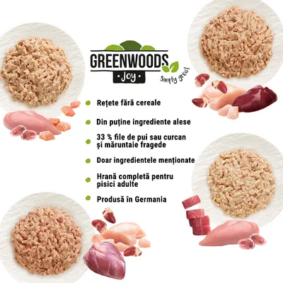 GREENWOODS Joy. Rețete fără cereale, din puține ingrediente alese, 33 % file de pui sau curcan și măruntaie fragede, doar ingredientele menționate, hrană completă pentru pisici adulte, produsă în Germania.