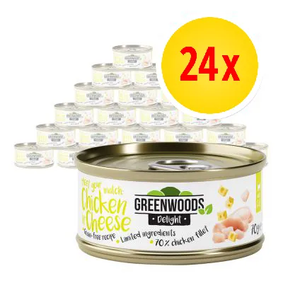 Pack of 24 tins, each labelled as chicken with cheese, grain-free recipe, limited ingredients, 70% chicken fillet, Greenwoods Delight, 70g per tin.