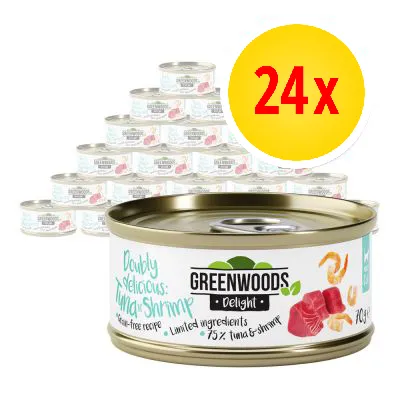 Pack of 24 Greenwoods Delight tins, tuna and shrimp flavour, grain-free recipe with 75% tuna and shrimp, limited ingredients, each tin 70g.