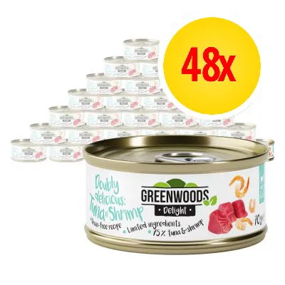Pack of 48 Greenwoods Delight cans, tuna and shrimp flavour, grain-free recipe with limited ingredients, 75% tuna and shrimp, 70g per can.