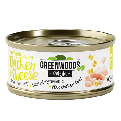 Greenwoods Delight Chicken 'n' Cheese, bezzbożowa receptura, ograniczona liczba składników, 70% fileta z kurczaka, puszka 70g.