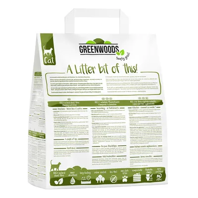 Greenwoods Katzenstreu, 100% natürliche Pflanzenfasern, super absorbierend, geruchsbindend, PEFC-zertifiziert. Anleitung und Produktdetails auf der Verpackung.