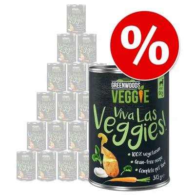 Greenwoods Veggie Viva Las Veggies! 100% vegetáriánus, gabonamentes recept, teljes értékű állateledel, 375g konzerv. Piros százalékjel látható a kedvezményhez.