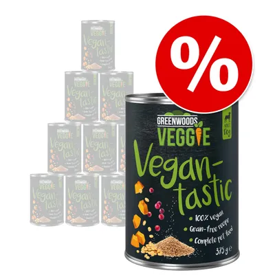 Greenwoods Veggie Vegan-tastic, 100 % vegánske, bezobilninová receptúra, kompletné krmivo pre dospelé psy, 375g konzerva. Viditeľný znak zľavy s červeným kruhom a symbolom percenta.
