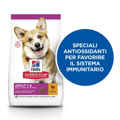 Hill's Science Plan Adult 1-6 Small & Mini up to 10 kg con pollo. Testo: Speciali antiossidanti per favorire il sistema immunitario.