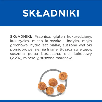 SKŁADNIKI: Pszenica, gluten kukurydziany, kukurydza, mięso kurczaka i indyka, mąka grochowa, hydrolizat białka, suszone wytłoki pomidorowe, siemię lniane, tłuszcz zwierzęcy, suszona pulpa buraczana, olej kokosowy (2,2%), minerały, suszona marchew.