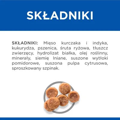 Składniki: mięso kurczaka i indyka, kukurydza, pszenica, śruta ryżowa, tłuszcz zwierzęcy, hydrolizat białka, olej roślinny, minerały, siemię lniane, suszone wytłoki pomidorowe, cytrusy, szpinak.